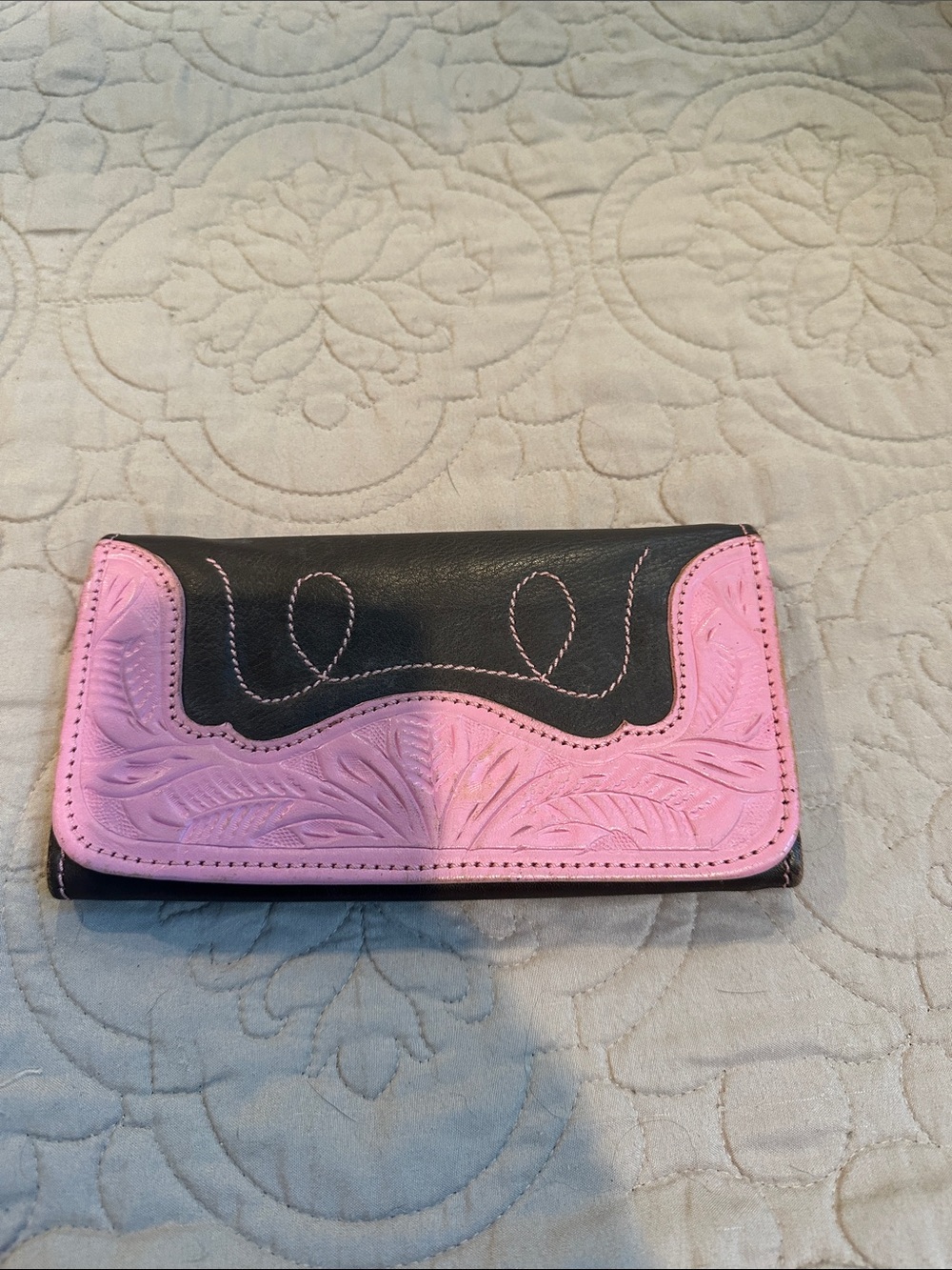 American West Brown and Pink Tooled Leather Fold Wallet